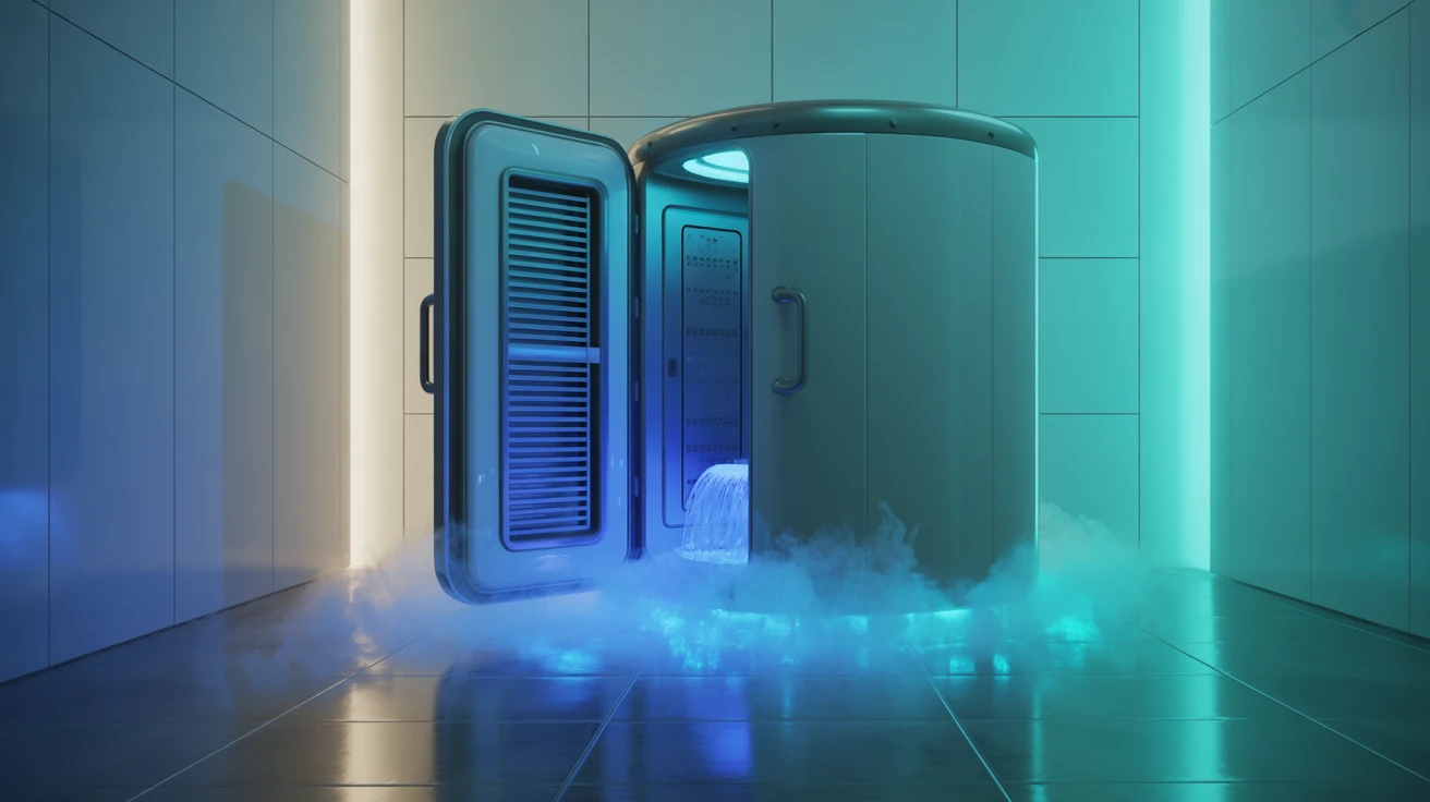 Modern cryotherapy chamber with cool blue vapor at Cryotherapy Toronto